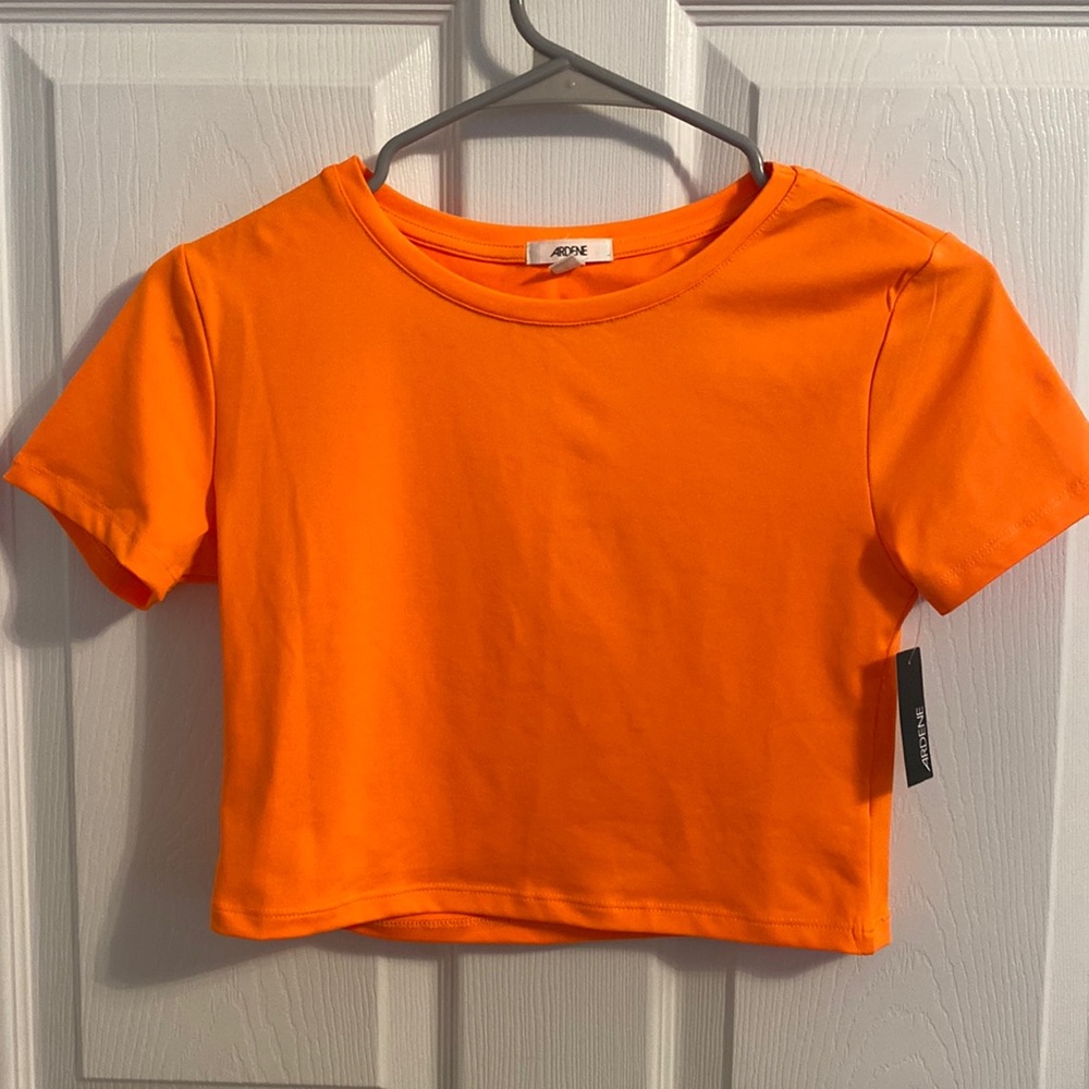neon orange cropped tee shirt